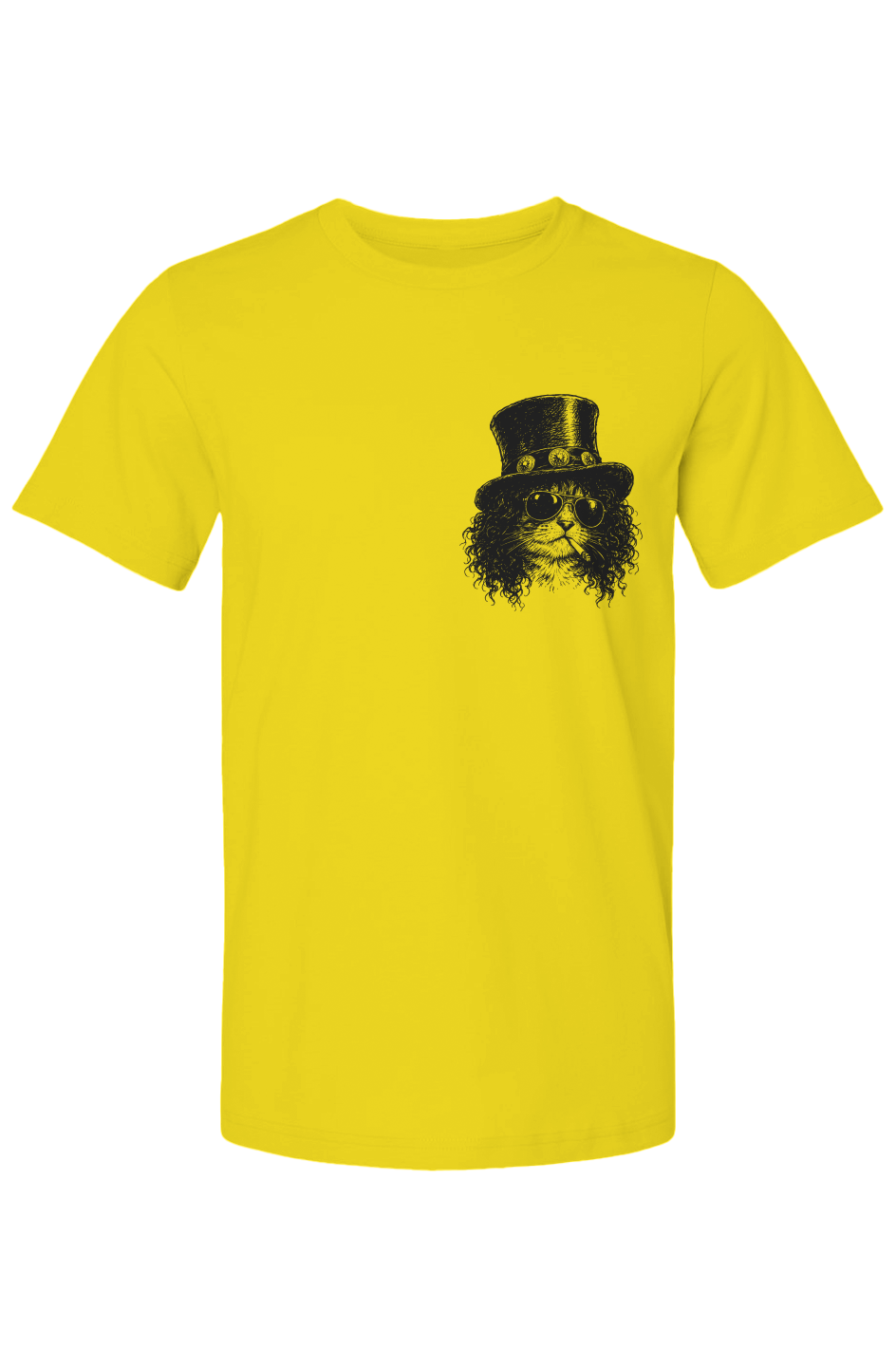 Scratch unisex tee in gold – top hat rocker cat