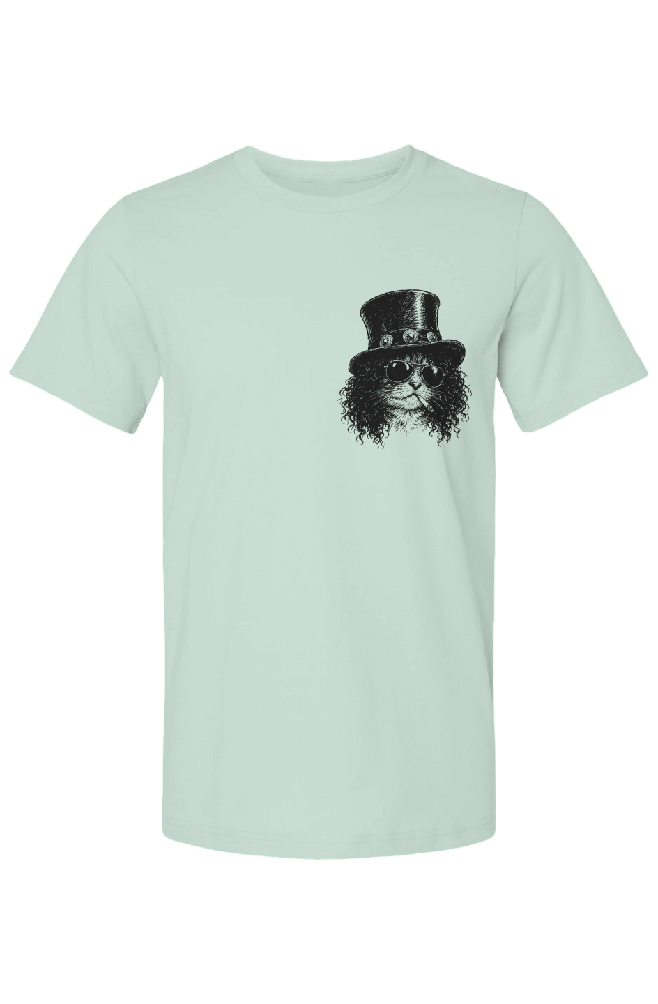 Scratch unisex tee in mint – top hat rocker cat
