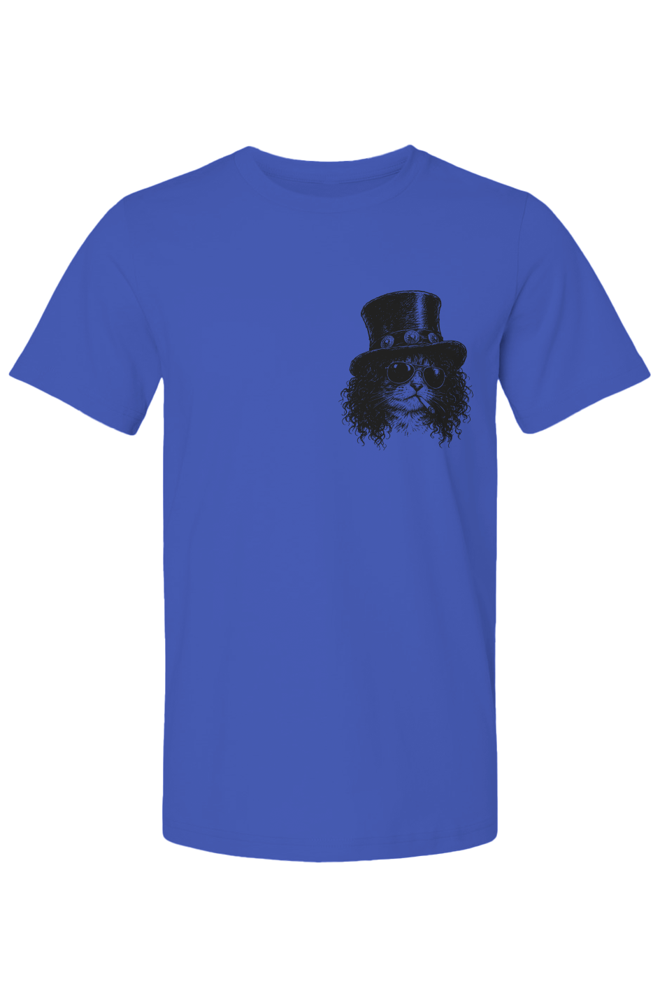 Scratch unisex tee in true royal – top hat rocker cat