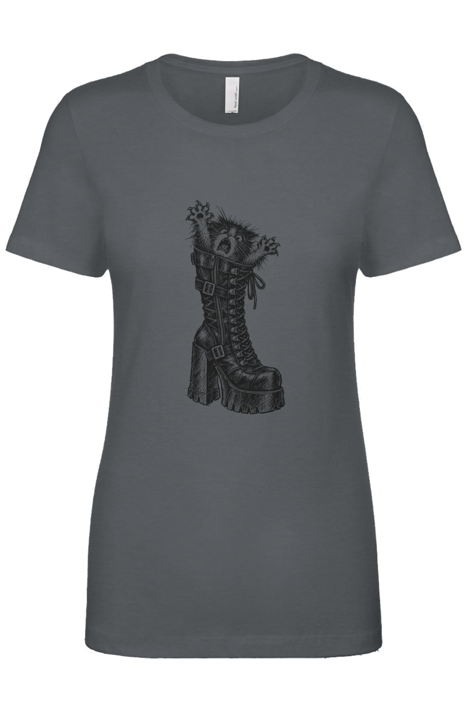 Let Meowt women's tee in indigo – kitten in a platform boot