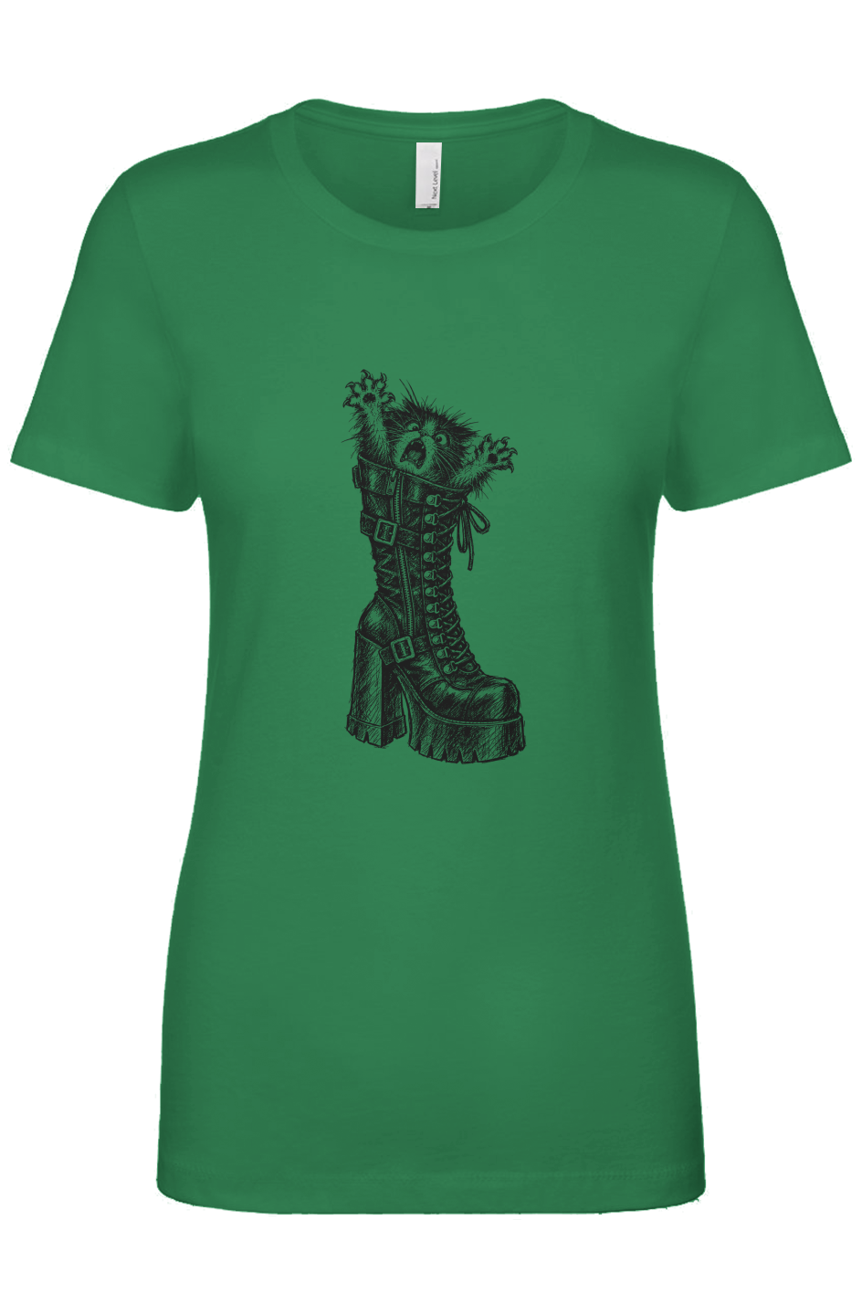 Let Meowt women's tee in kelly green – kitten in a platform boot