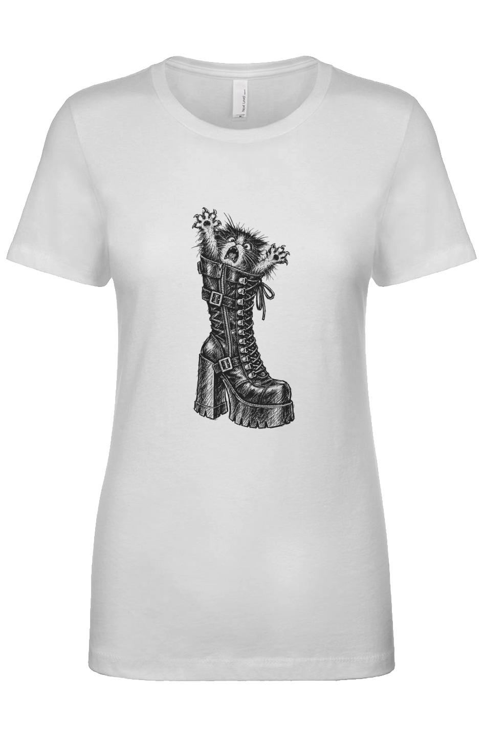 Let Meowt women's tee in white – kitten in a platform boot