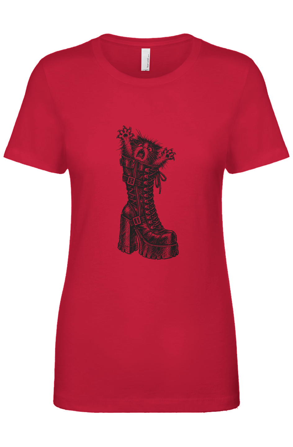 Let Meowt women's tee in red – kitten in a platform boot