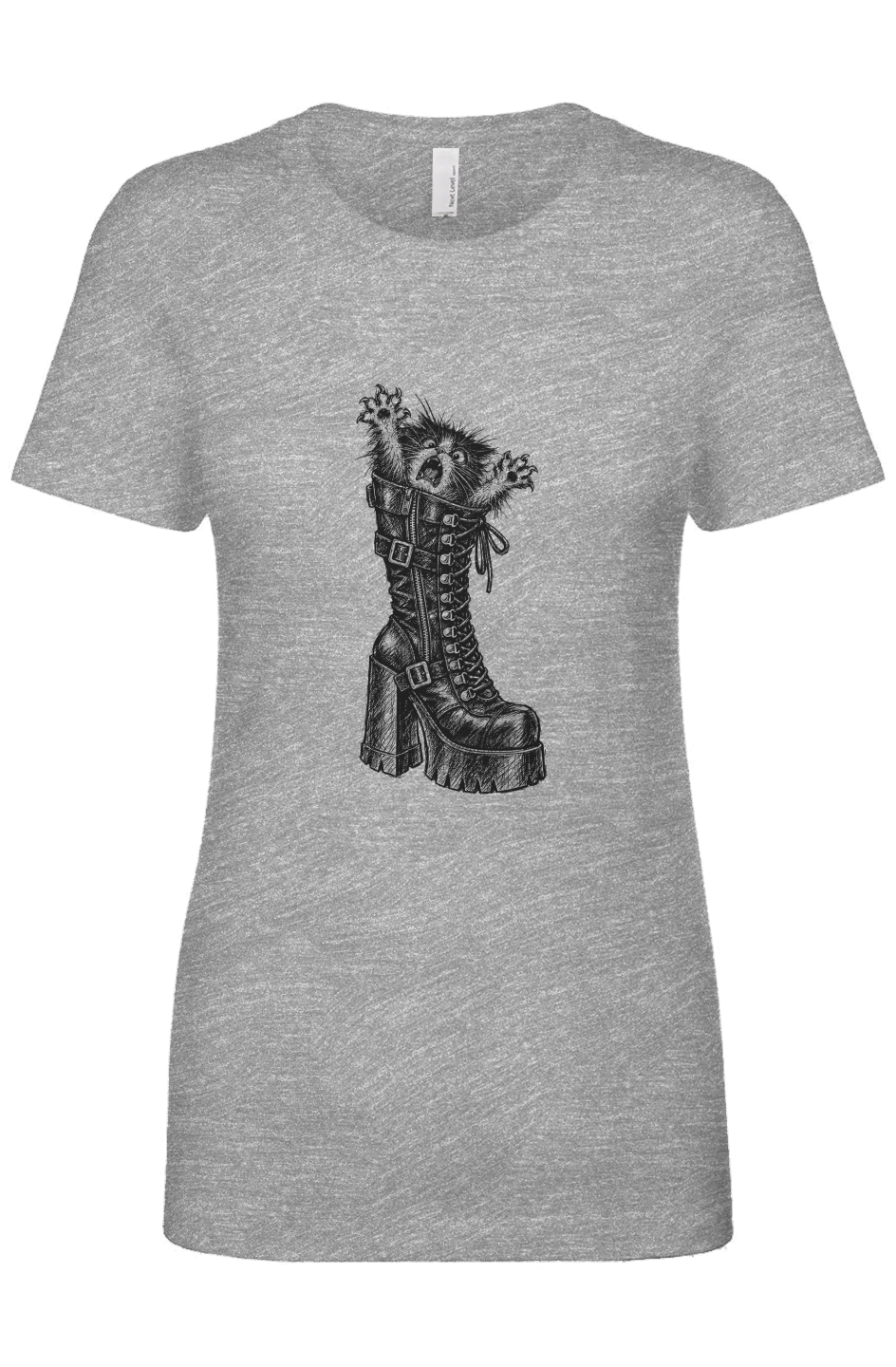 Let Meowt women's tee in heather grey – kitten in a platform boot