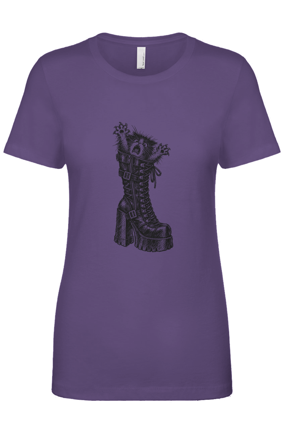 Let Meowt women's tee in purple rush – kitten in a platform boot