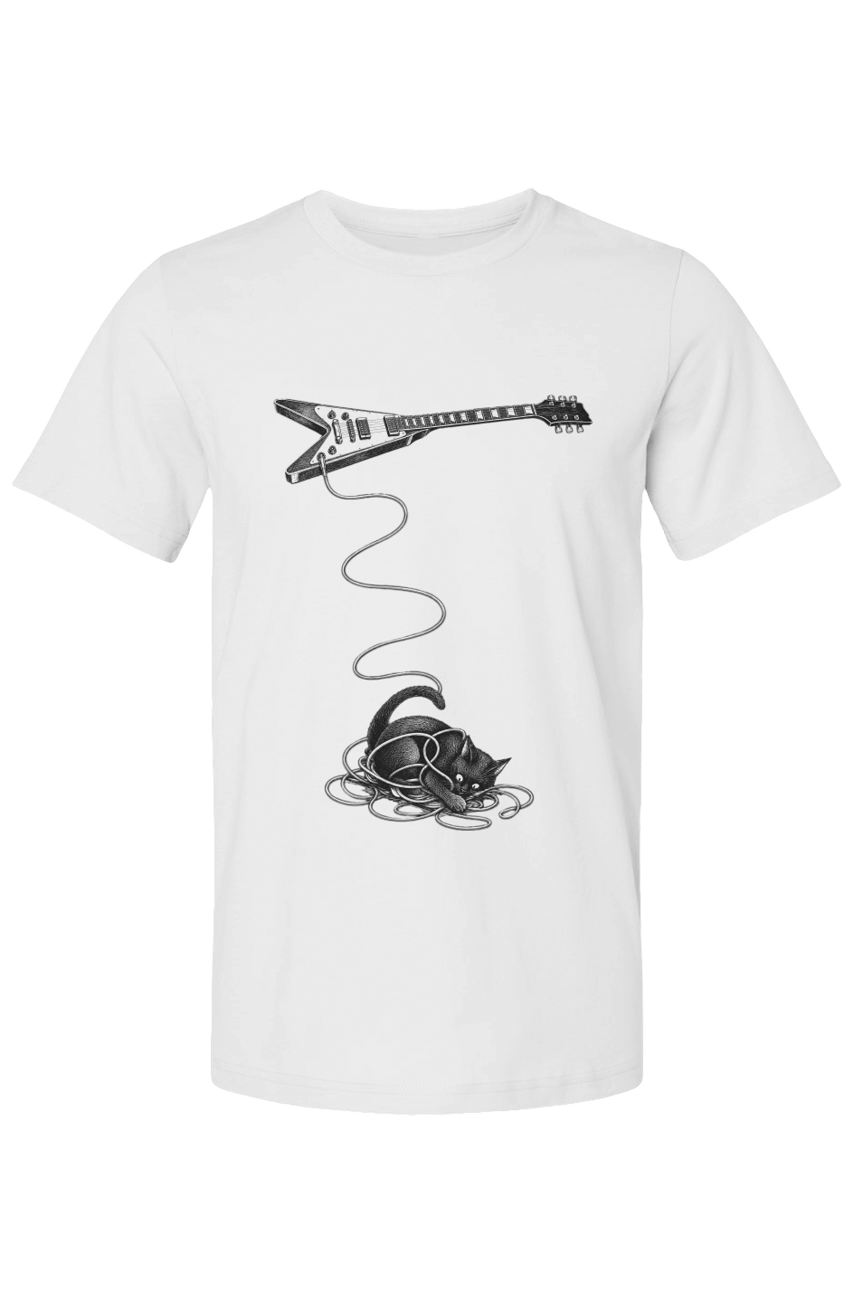 Wired unisex tee in white – cat tangled in a guitar cable