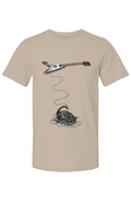 Wired unisex tee in tan – cat tangled in a guitar cable