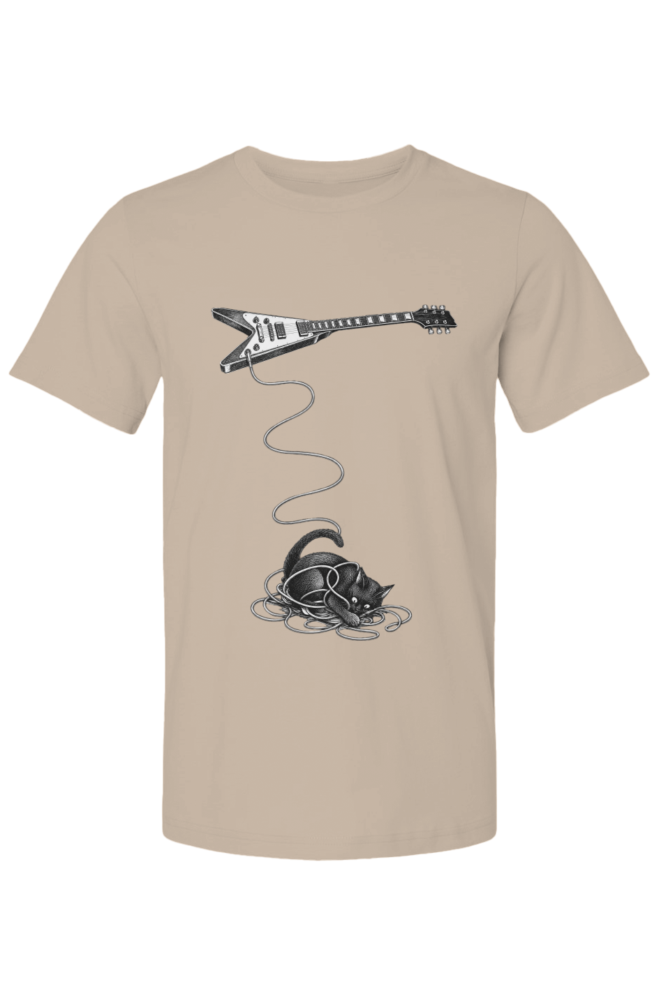 Wired unisex tee in tan – cat tangled in a guitar cable