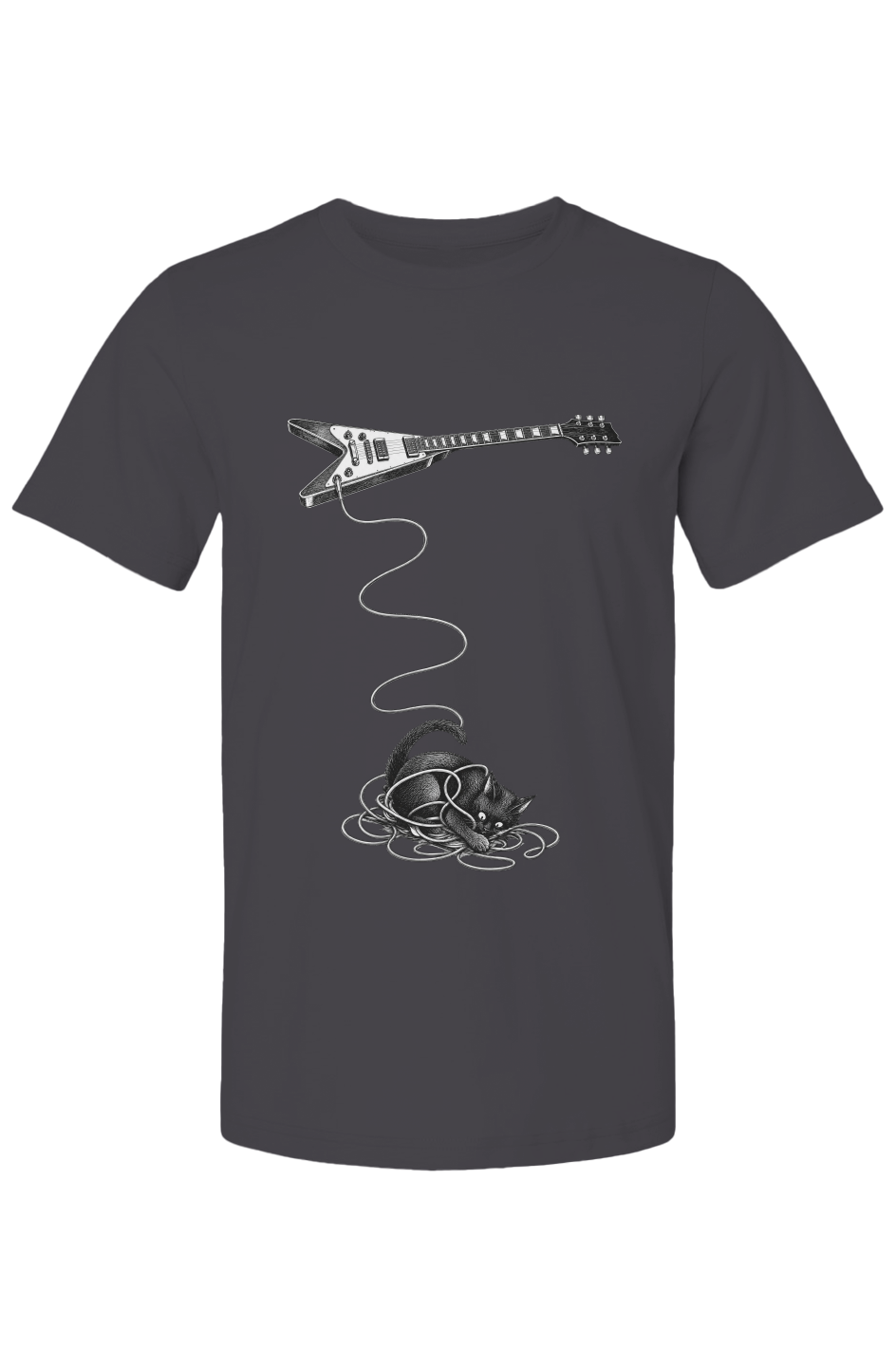 Wired unisex tee in dark grey – cat tangled in a guitar cable