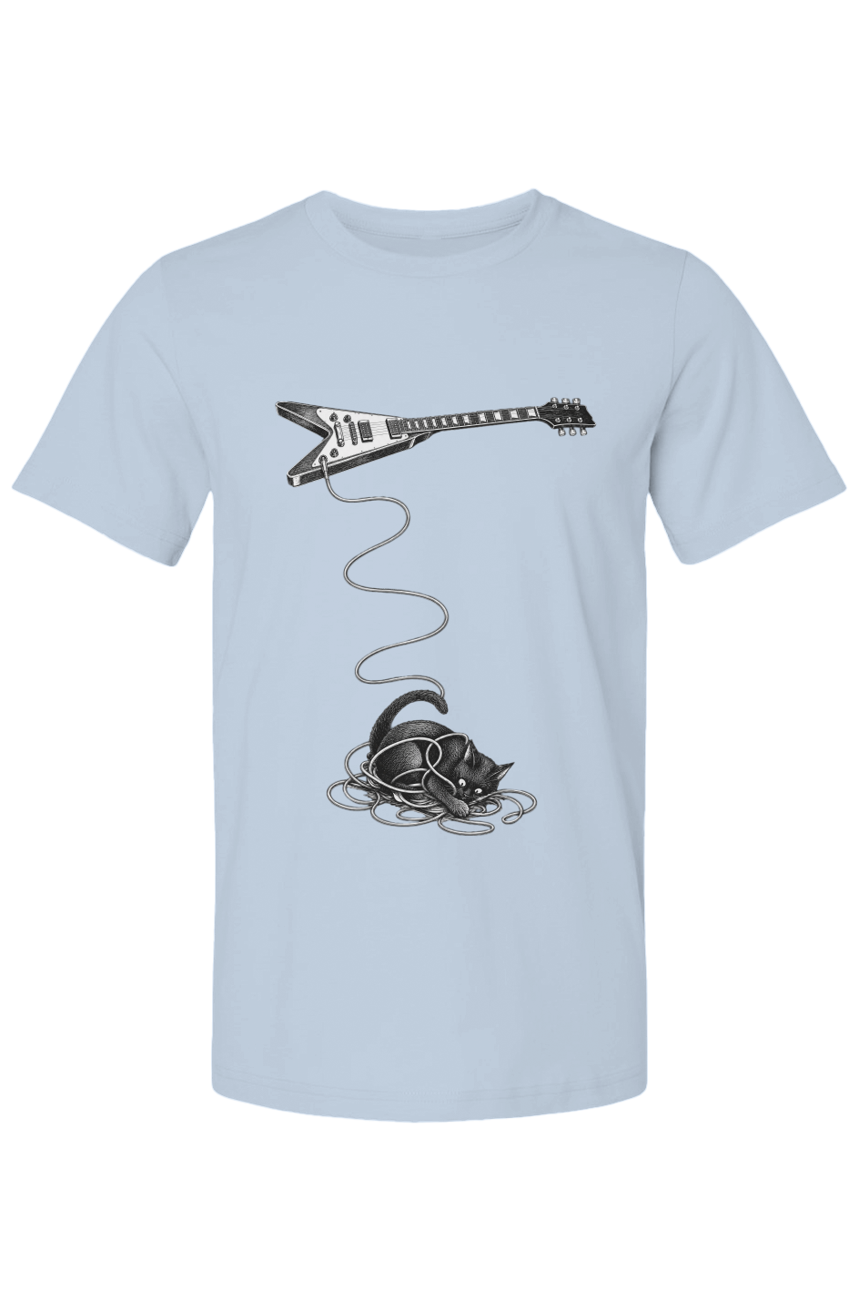 Wired unisex tee in light blue – cat tangled in a guitar cable