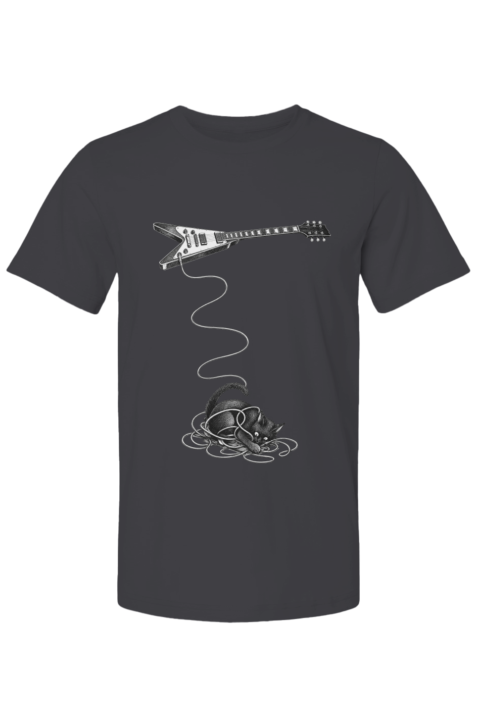 Wired unisex tee in vintage black – cat tangled in a guitar cable