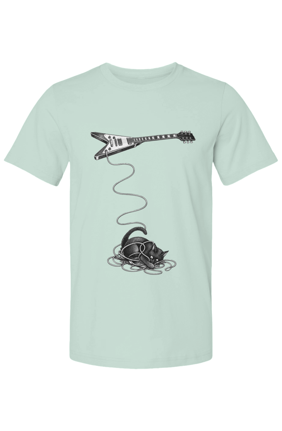 Wired unisex tee in mint – cat tangled in a guitar cable