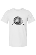 Kick Nap unisex tee in white – cat asleep inside a kick drum