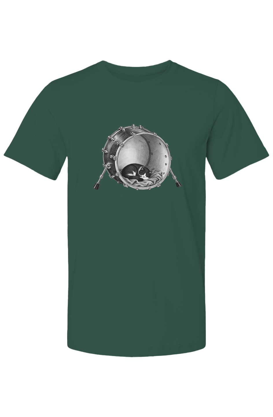 Kick Nap unisex tee in forest – cat asleep inside a kick drum
