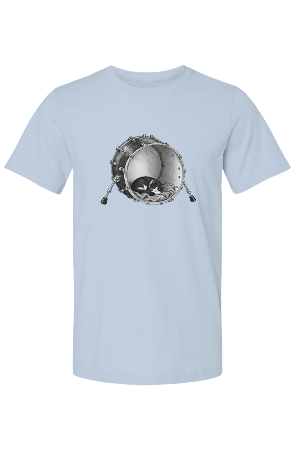 Kick Nap unisex tee in light blue – cat asleep inside a kick drum