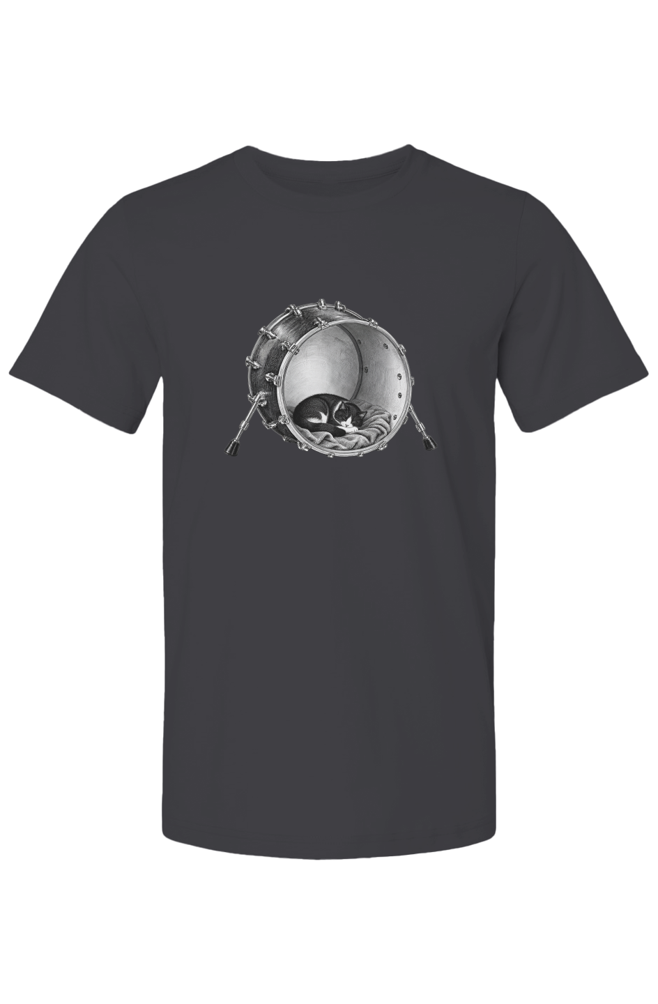 Kick Nap unisex tee in vintage black – cat asleep inside a kick drum