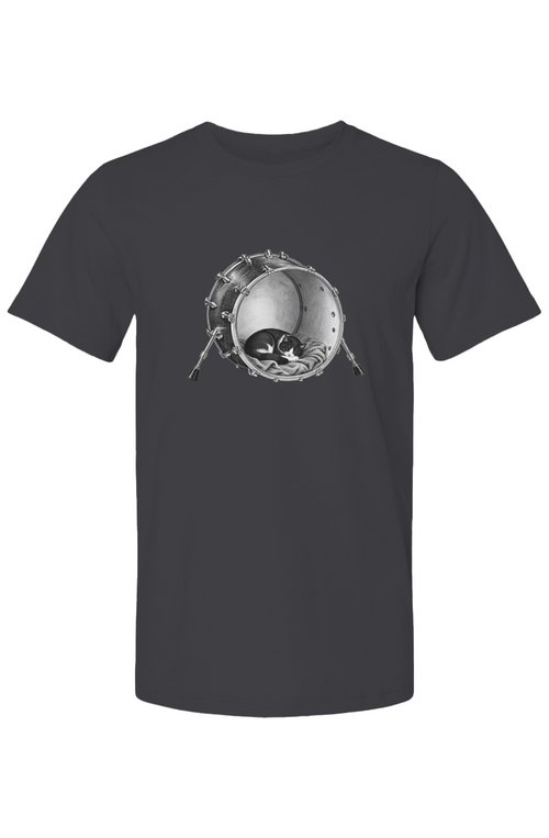 Kick Nap unisex tee in vintage black – cat asleep inside a kick drum