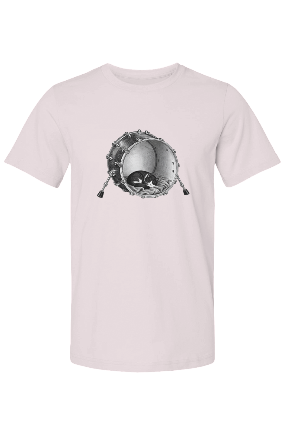 Kick Nap unisex tee in soft pink – cat asleep inside a kick drum