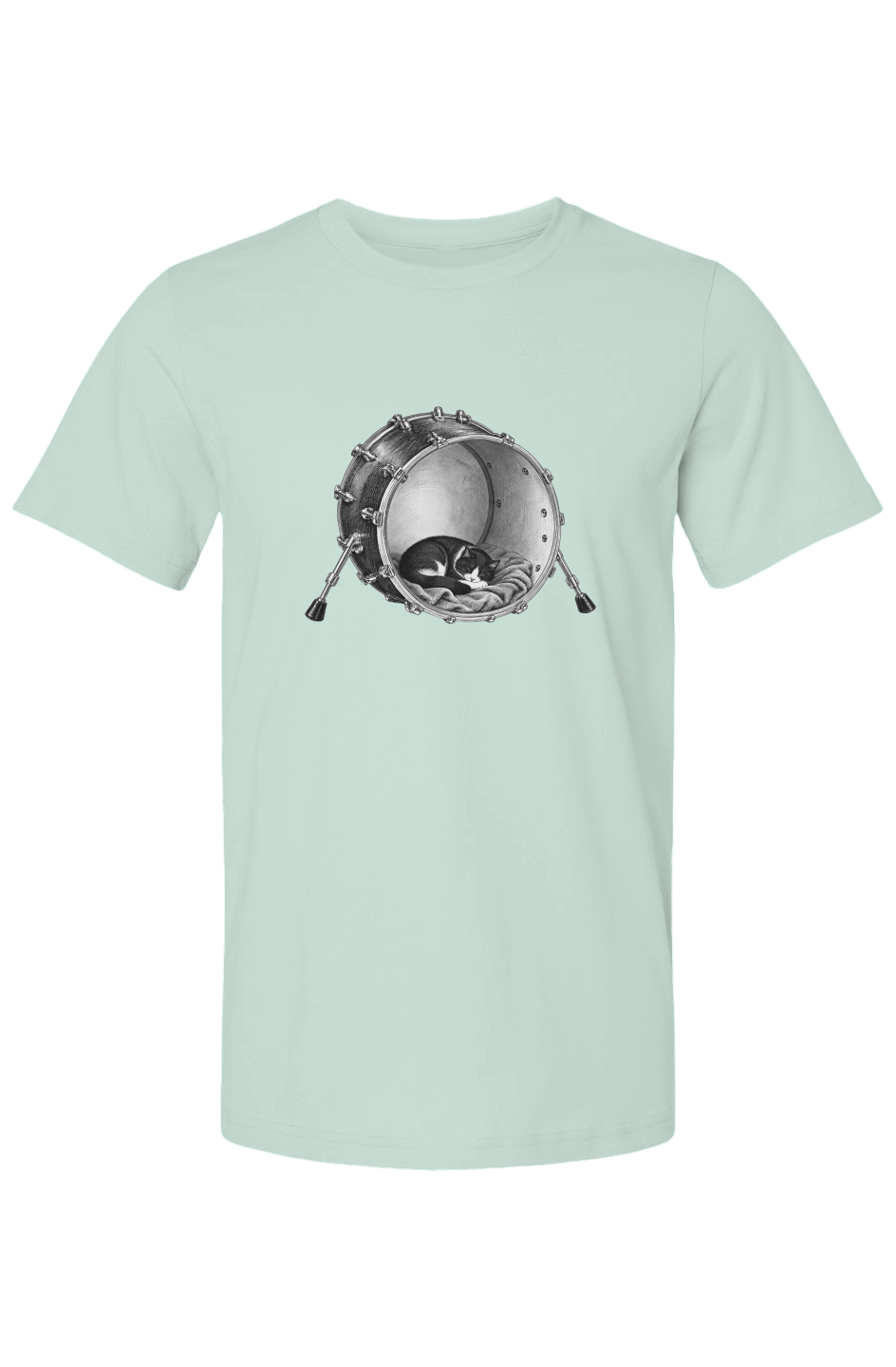 Kick Nap unisex tee in mint – cat asleep inside a kick drum
