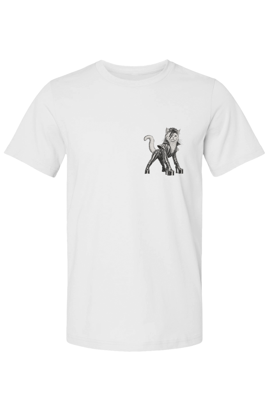 Cat From Japan unisex tee in white – glam rock cat in platform boots