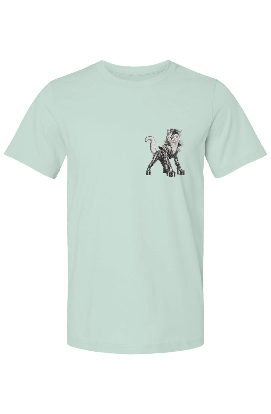 Cat From Japan unisex tee in mint – glam rock cat in platform boots