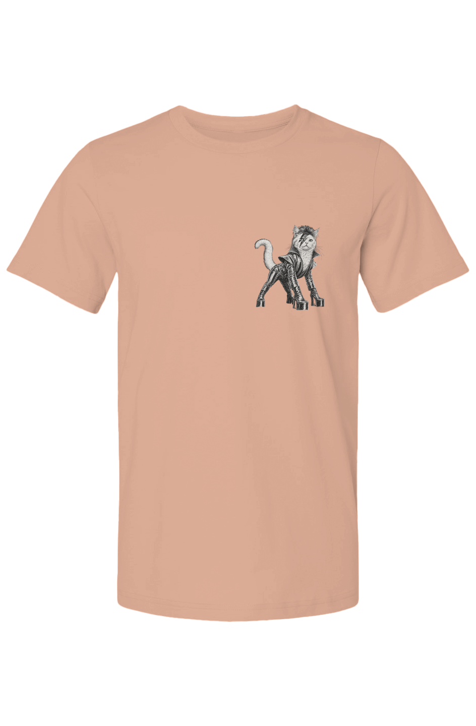 Cat From Japan unisex tee in sunset – glam rock cat in platform boots