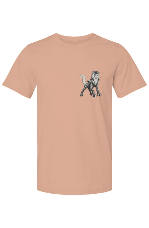 Cat From Japan unisex tee in sunset – glam rock cat in platform boots