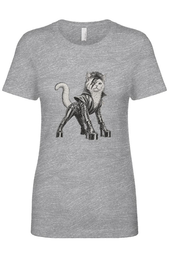 Cat From Japan women's tee in heather grey – glam rock cat in platform boots
