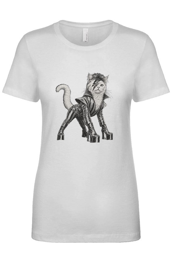 Cat From Japan women's tee in white – glam rock cat in platform boots