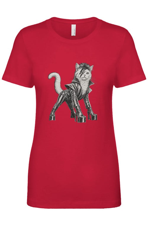 Cat From Japan women's tee in red – glam rock cat in platform boots