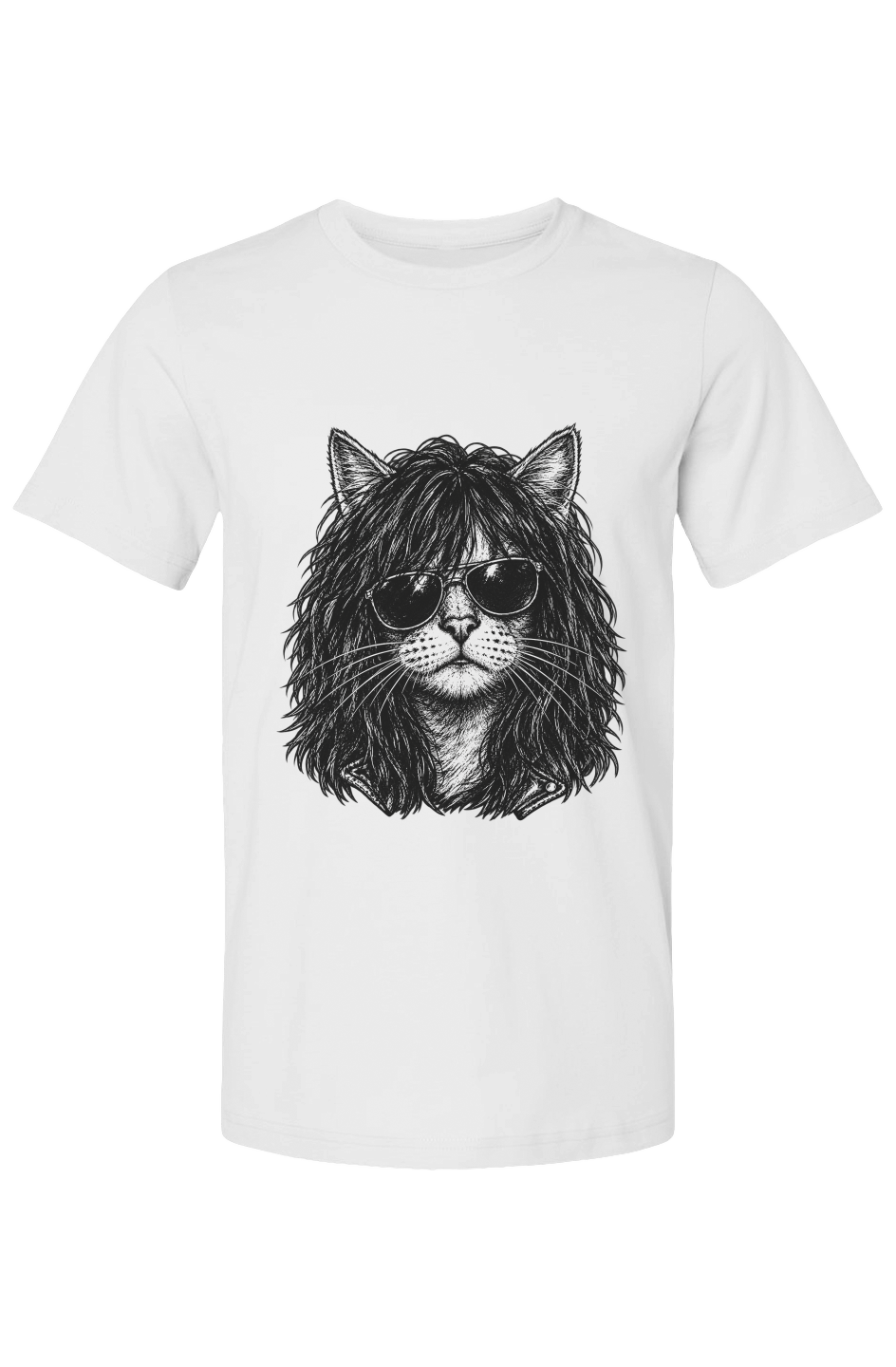 Purr Rocker unisex tee in white – long-haired rocker cat in aviator shades