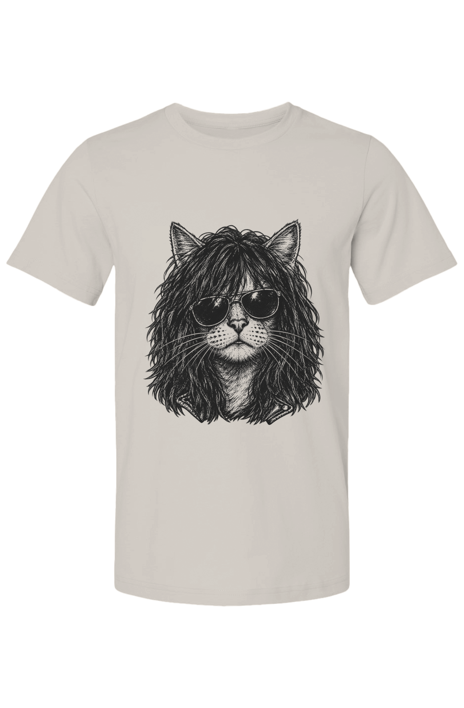 Purr Rocker unisex tee in vintage white – long-haired rocker cat in aviator shades