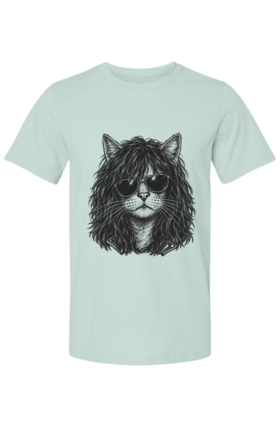 Purr Rocker unisex tee in mint – long-haired rocker cat in aviator shades