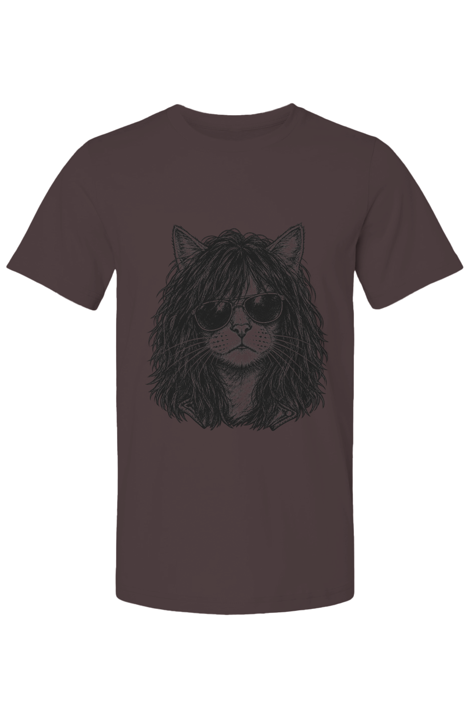 Purr Rocker unisex tee in oxblood black – long-haired rocker cat in aviator shades