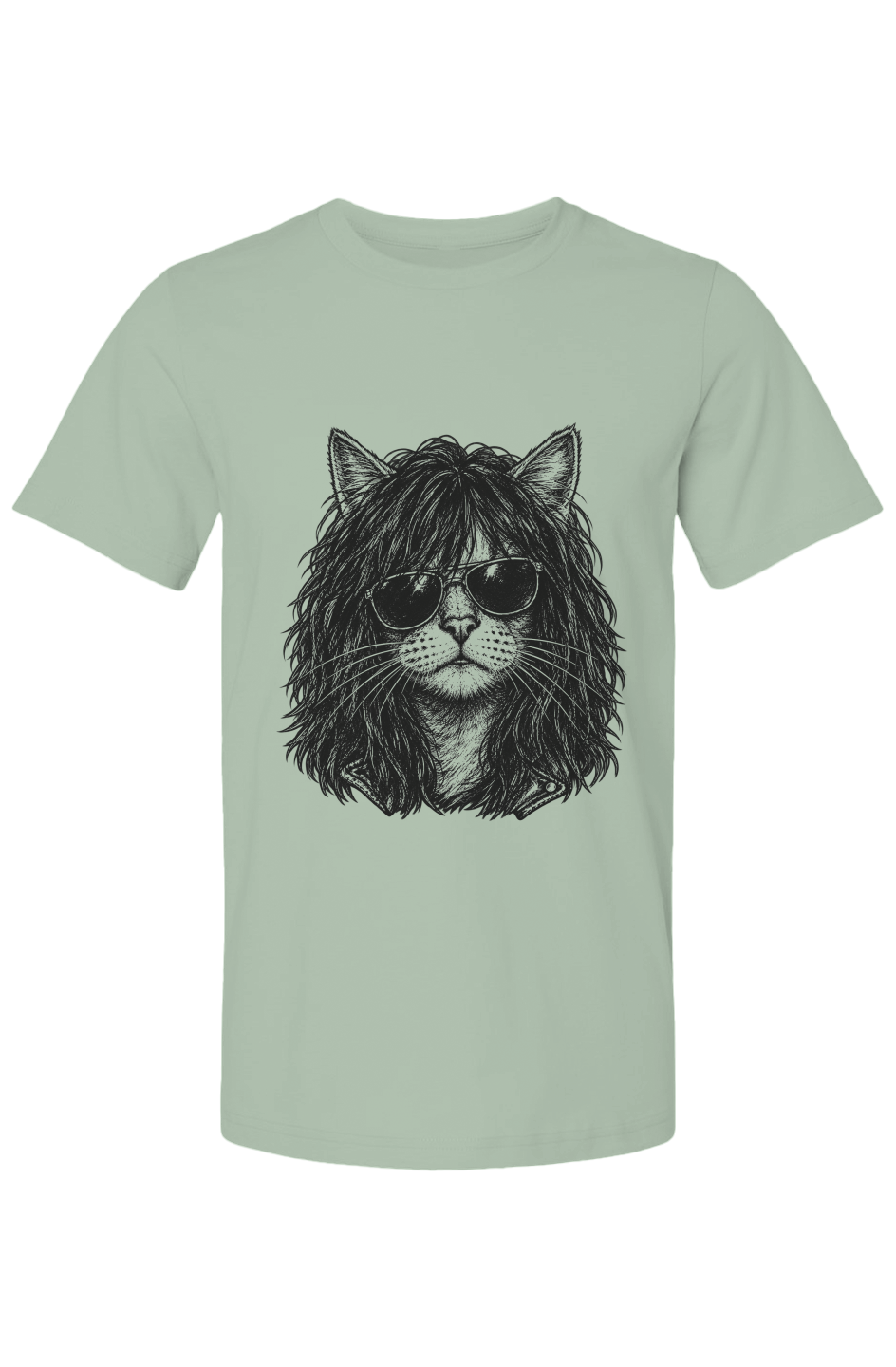 Purr Rocker unisex tee in sage – long-haired rocker cat in aviator shades