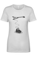 Wired women's tee in white – cat tangled in a guitar cable