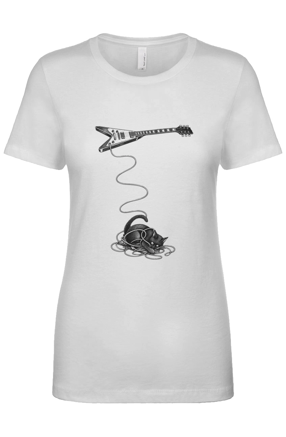 Wired women's tee in white – cat tangled in a guitar cable