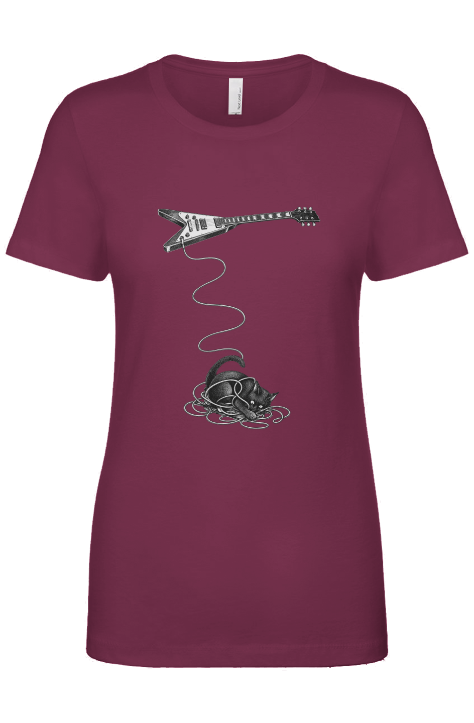 Wired women's tee in maroon – cat tangled in a guitar cable