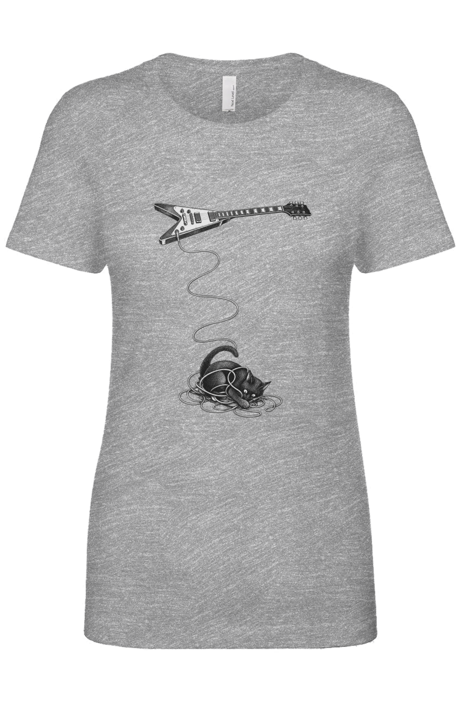 Wired women's tee in heather grey – cat tangled in a guitar cable