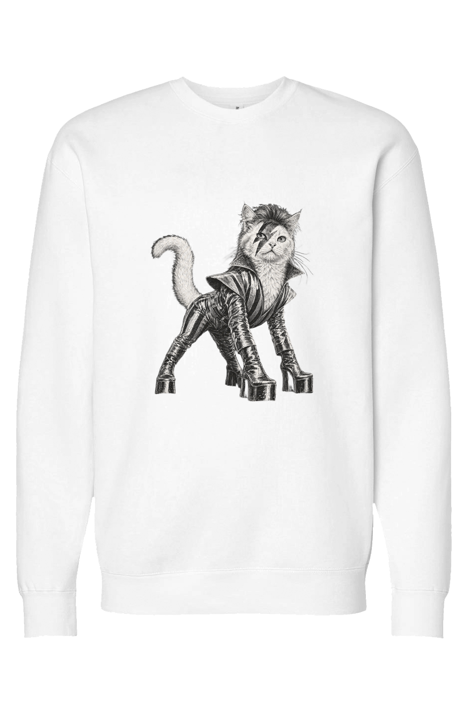 Cat From Japan crewneck in white – glam rock cat in platform boots