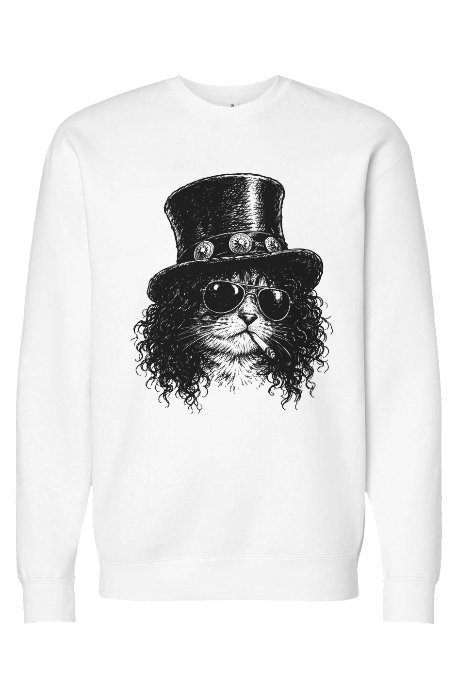 Scratch crewneck in white – top hat rocker cat