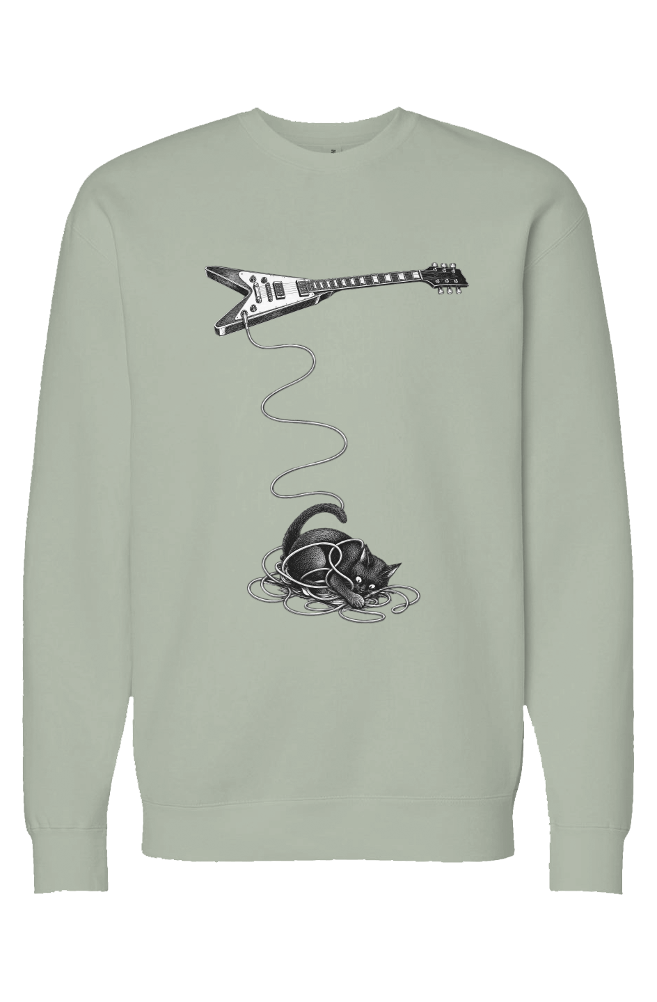 Wired crewneck in dusty sage – cat tangled in a guitar cable