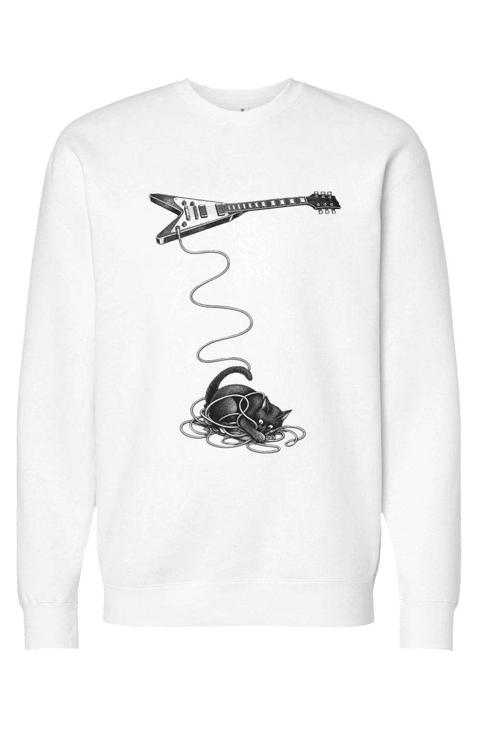 Wired crewneck in white – cat tangled in a guitar cable