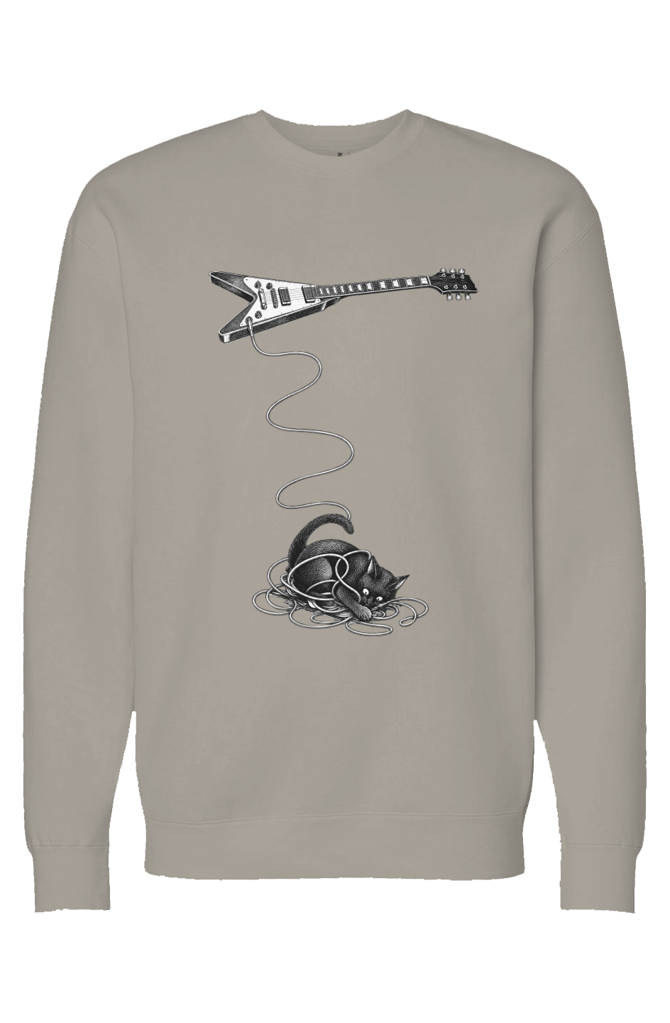 Wired crewneck – cat tangled in a guitar cable