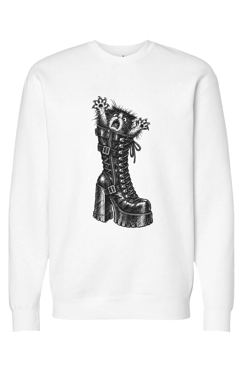 Let Meowt crewneck in white – kitten in a platform boot