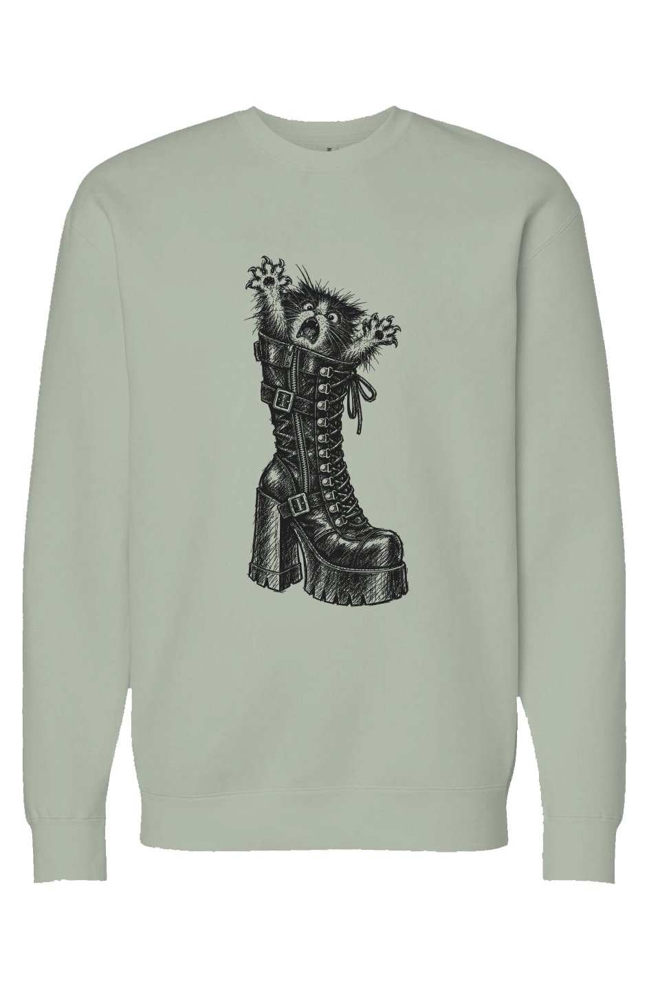 Let Meowt crewneck in dusty sage – kitten in a platform boot