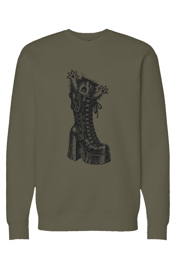 Let Meowt crewneck in army – kitten in a platform boot