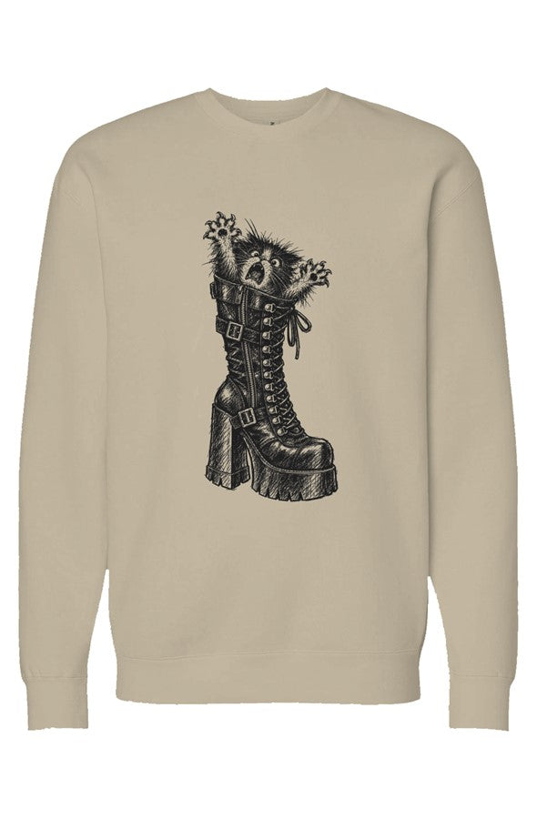 Let Meowt crewneck in sandstone – kitten in a platform boot