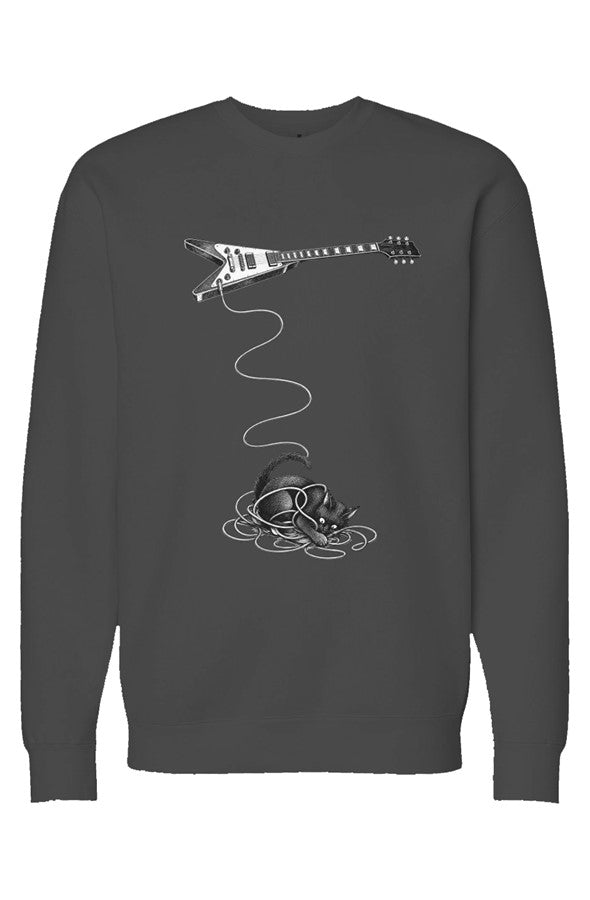 Wired crewneck in asphalt – cat tangled in a guitar cable