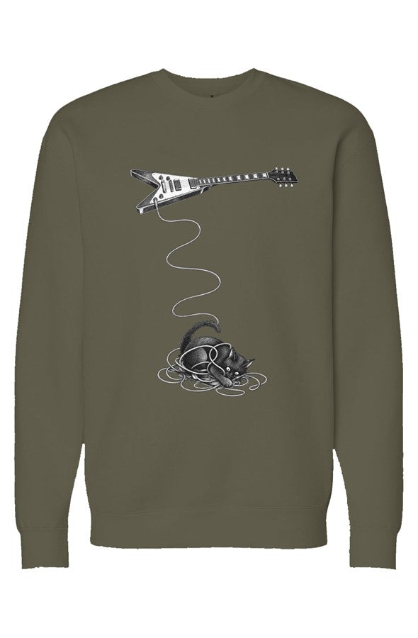 Wired crewneck in army – cat tangled in a guitar cable